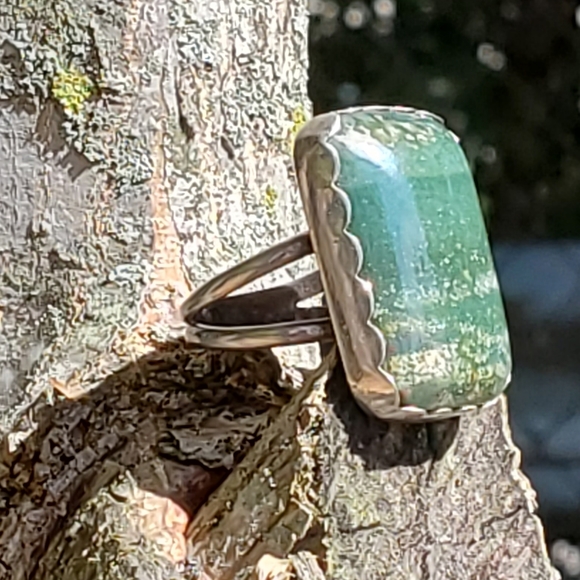 Navajo Sterling Signed TP Large 1" Tree Agate Ring 7 3/4 - Picture 7 of 11